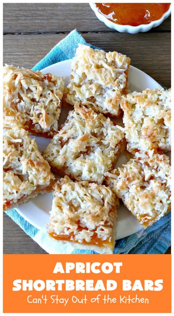 Apricot Shortbread Bars | these luscious #cookies have a #shortbread crust, spread with #Apricot jelly & topped with a scrumptious #coconut topping. Terrific for #tailgating parties, potlucks or #ChristmasCookieExchanges. #dessert #ApricotDessert #HolidayDessert #ApricotShortbreadBars