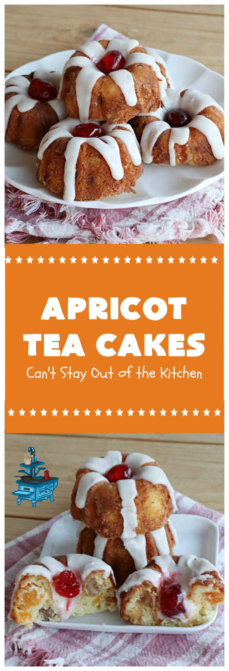 Apricot Tea Cakes | Can't Stay Out of the Kitchen | these fabulous #TeaCakes include #apricots, vanilla chips, #walnuts , glazed icing & a #cherry on top! Marvelous for #holiday or #Christmas parties. Festive, elegant, beautiful! #dessert #ApricotDessert #ApricotTeaCakes