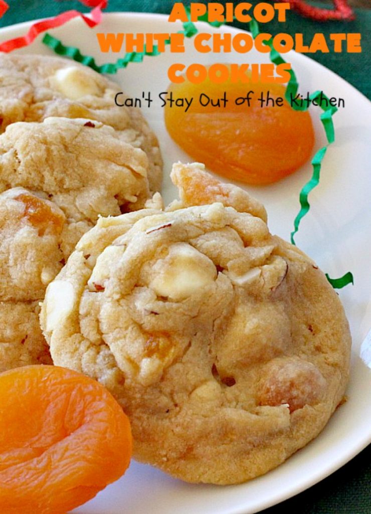 Apricot White Chocolate Cookies | Can't Stay Out of the Kitchen | these fantastic #cookies include dried #apricots, #almonds & white #chocolate chips. They're terrific for #holiday baking & #Christmas cookie exchanges. #dessert