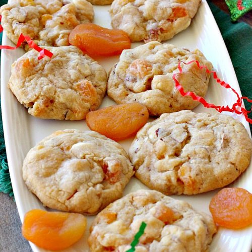 Apricot White Chocolate Cookies | Can't Stay Out of the Kitchen | these fantastic #cookies include dried #apricots, #almonds & white #chocolate chips. They're terrific for #holiday baking & #Christmas cookie exchanges. #dessert