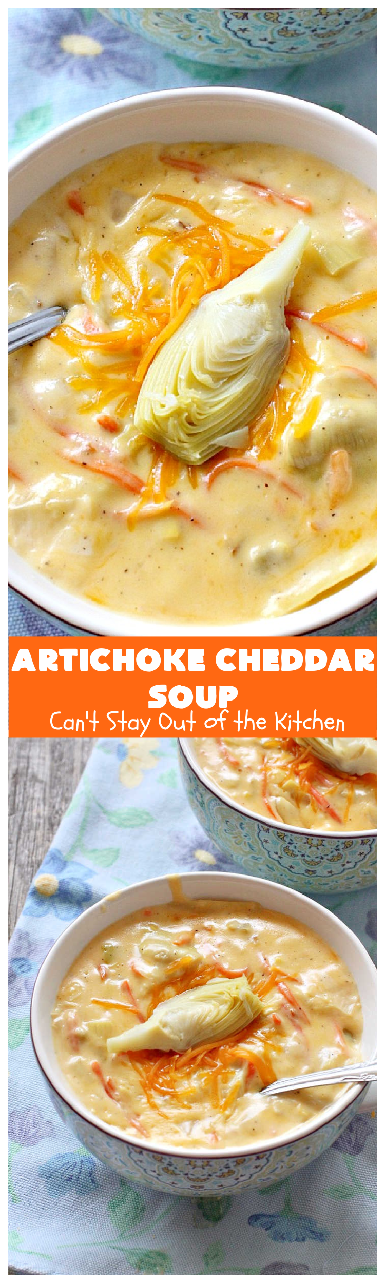 Artichoke Cheddar Soup | Can't Stay Out of the Kitchen | this #soup is comfort food at it's best & only takes 25 minutes to make! It's perfect for week nights now that the weather is turning cooler. #artichokes #cheddarcheese #GlutenFree #ArtichokeCheddarSoup