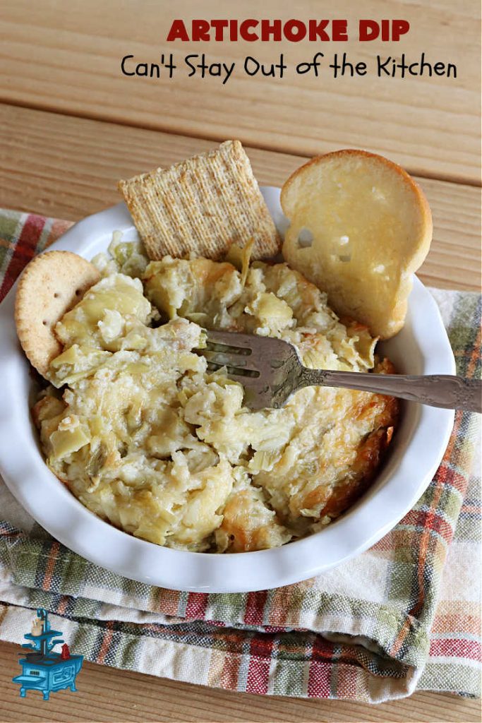 Artichoke Dip | Can't Stay Out of the Kitchen | this delicious #ArtichokeDip uses only 5 ingredients & is perfect for #NewYearsEve, #NewYearsDay, #tailgating or #SuperBowl parties. Includes #Mozzarella & #Parmesan cheeses & diced #GreenChilies to amp up the flavors. #appetizer #GlutenFree #HolidayAppetizer
