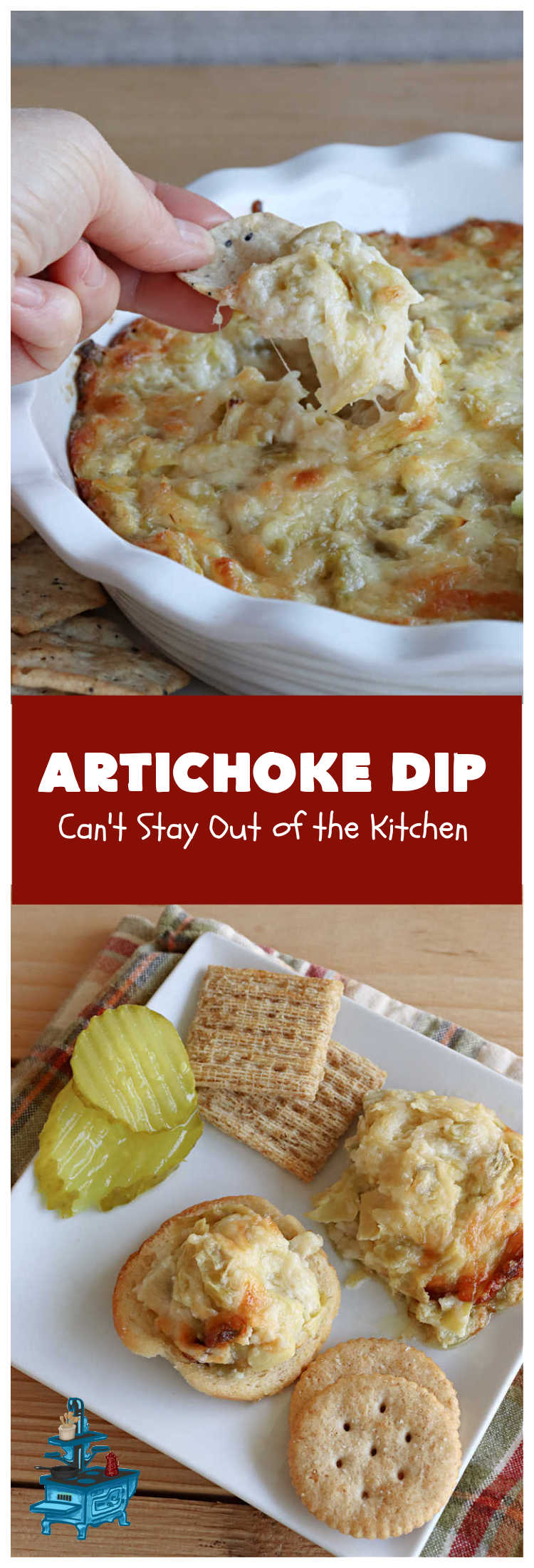 Artichoke Dip | Can't Stay Out of the Kitchen | this delicious #ArtichokeDip uses only 5 ingredients & is perfect for #NewYearsEve, #NewYearsDay, #tailgating or #SuperBowl parties. Includes #Mozzarella & #Parmesan cheeses & diced #GreenChilies to amp up the flavors. #appetizer #GlutenFree #HolidayAppetizer