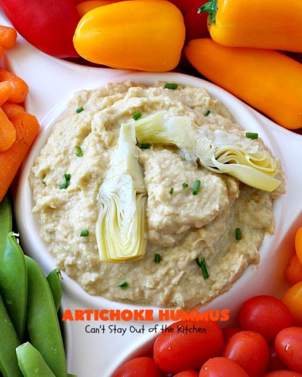 Artichoke Hummus | Can't Stay Out of the Kitchen | this amazing #hummus #appetizer is great for #tailgating parties, potlucks, backyard #BBQs or any family get-together. Healthy & delicious. #vegan #glutenfree #artichokes