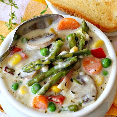 Asparagus Mushroom Chowder | Can't Stay Out of the Kitchen | this easy & delicious 30-minute #soup recipe is fantastic. It's perfect for weeknight dinners when you're short on time. Plus, it's heavenly comfort food on cold winter days. #asparagus #corn #glutenfree #peas #mushrooms