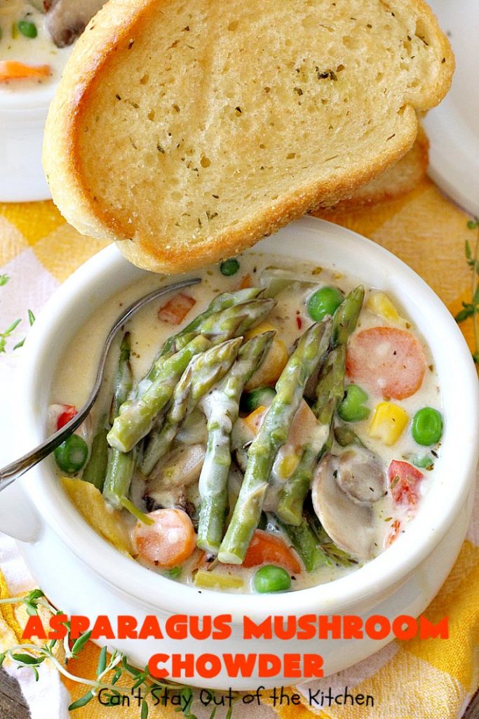 Asparagus Mushroom Chowder | Can't Stay Out of the Kitchen | this easy & delicious 30-minute #soup recipe is fantastic. It's perfect for weeknight dinners when you're short on time. Plus, it's heavenly comfort food on cold winter days. #asparagus #corn #glutenfree #peas #mushrooms 