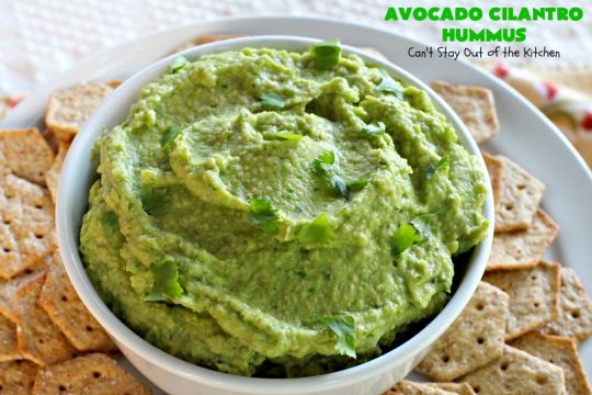Avocado Cilantro Hummus | Can't Stay Out of the Kitchen | this fantastic #TexMex #appetizer is irresistible. It includes #avocados, #ChickPeas, #Cilantro & a little #Jalapeno. It's terrific for #tailgating parties, potlucks, #LaborDay parties or anytime you want a #healthy, #LowCalorie, #GlutenFree, #Vegan & delicious snack. Serve with #VeggieDippers for a #CleanEating #recipe. #AvocadoCilantroHummus #hummus #GarbanzoBeans #VeganAppetizer #GlutenFreeAppetizer