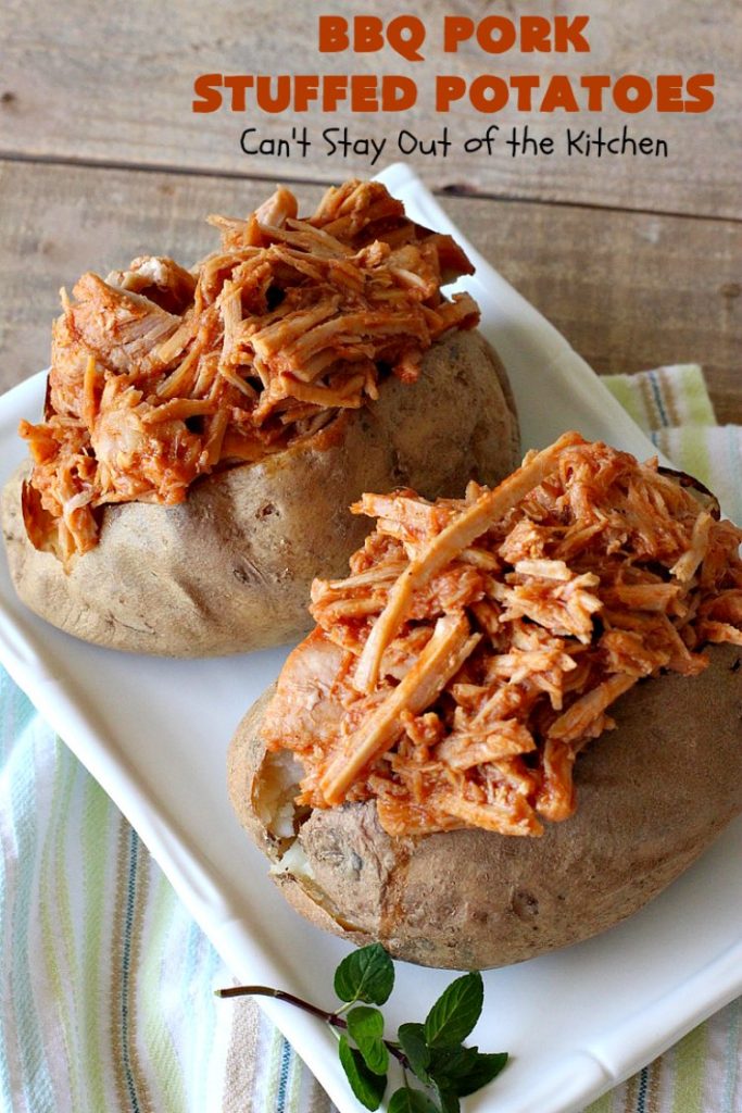BBQ Pork Stuffed Potatoes | Can't Stay Out of the Kitchen | these amazing #StuffedPotatoes are filled with the best #BBQPork #recipe ever! Every bite is succulent & amazing. #pork #BBQ #GlutenFree #potatoes #BBQPorkStuffedPotatoes #BarbecuePork