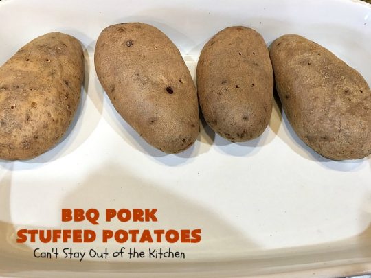 BBQ Pork Stuffed Potatoes | Can't Stay Out of the Kitchen | these amazing #StuffedPotatoes are filled with the best #BBQPork #recipe ever! Every bite is succulent & amazing. #pork #BBQ #GlutenFree #potatoes #BBQPorkStuffedPotatoes #BarbecuePork