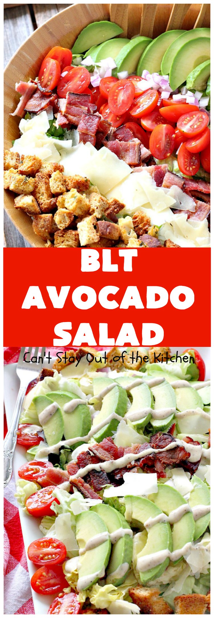 BLT Avocado Salad | Can't Stay Out of the Kitchen | we loved this delicious #bacon, lettuce & #tomato #salad with #avocados. So filling and satisfying. I made it healthier by using uncured, nitrate-free bacon & homemade #glutenfree croutons.