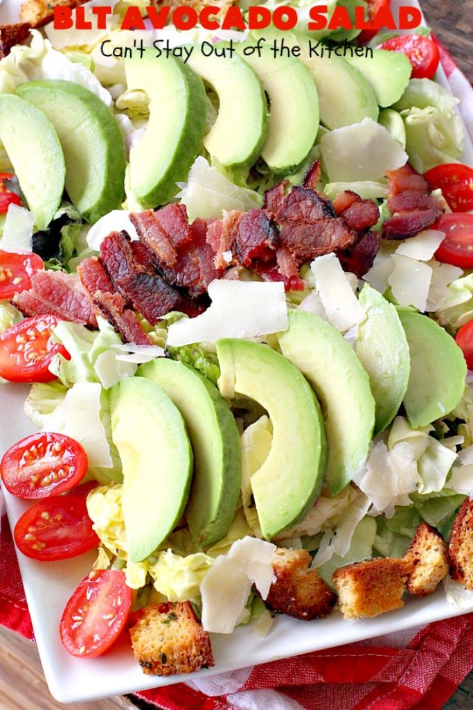 BLT Avocado Salad | Can't Stay Out of the Kitchen | we loved this delicious #bacon, lettuce & #tomato #salad with #avocados. So filling and satisfying. I made it healthier by using uncured, nitrate-free bacon & homemade #glutenfree croutons.