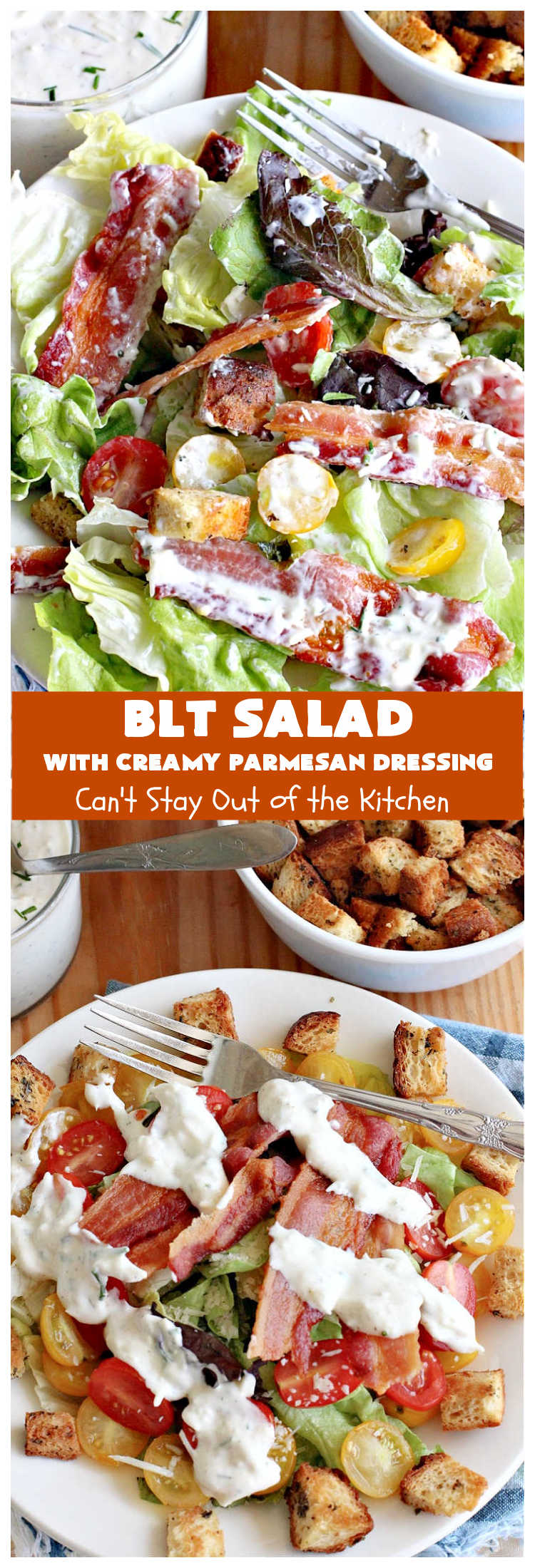BLT Salad | Can't Stay Out of the Kitchen | This spectacular #salad takes the best of #BLT sandwiches and makes them into a salad instead! Served with a homemade creamy #parmesan dressing & homemade #GlutenFree #croutons! Amazing. #BLTSalad #bacon #CreamyParmesanDressing #tomatoes #pork