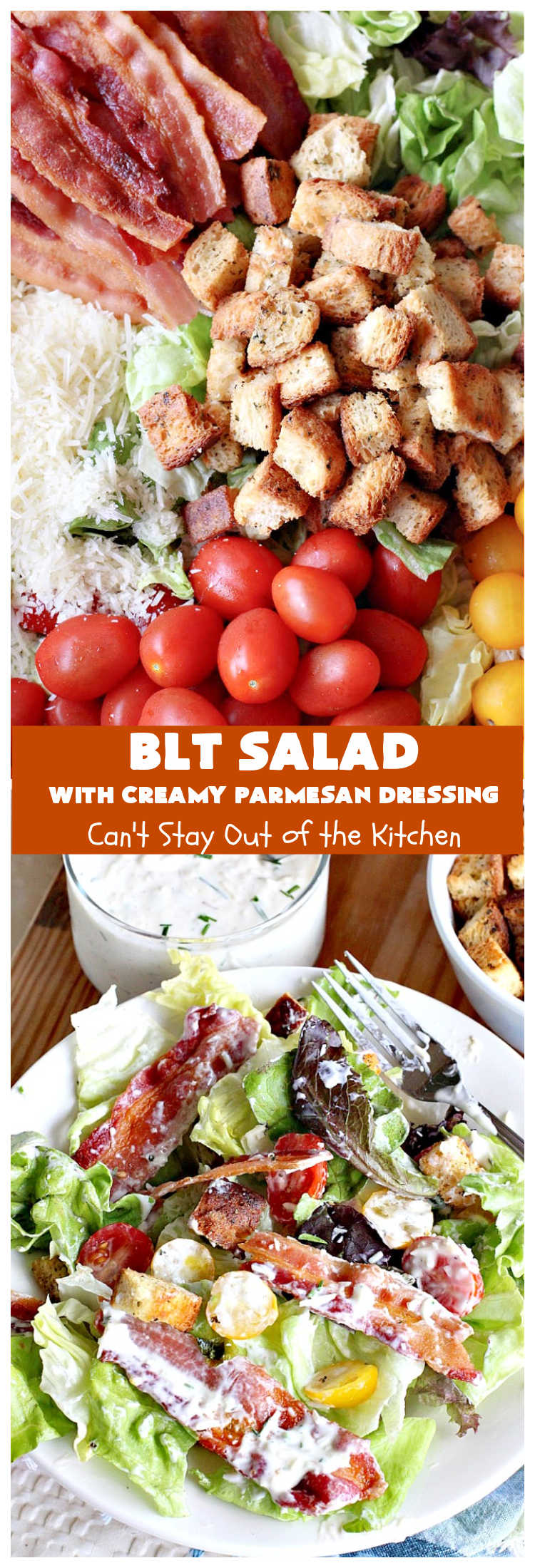 BLT Salad | Can't Stay Out of the Kitchen | This spectacular #salad takes the best of #BLT sandwiches and makes them into a salad instead! Served with a homemade creamy #parmesan dressing & homemade #GlutenFree #croutons! Amazing. #BLTSalad #bacon #CreamyParmesanDressing #tomatoes #pork