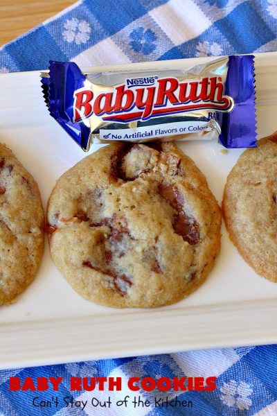 Baby Ruth Cookies | Can't Stay Out of the Kitchen | these fantastic #cookies contain loads of #BabyRuthCandyBars in each bite. They're filled with #chocolate #caramel & #peanuts. These will cure any sweet tooth craving. #dessert #Holiday #HolidayDessert #BabyRuthDessert #ChristmasCookieExchange #BabyRuthCookies #ChocolateDessert #CaramelDessert #PeanutButterDessert