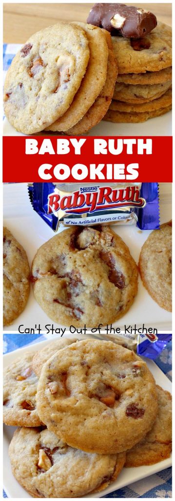 Baby Ruth Cookies | Can't Stay Out of the Kitchen | these fantastic #cookies contain loads of #BabyRuthCandyBars in each bite. They're filled with #chocolate #caramel & #peanuts. These will cure any sweet tooth craving. #dessert #Holiday #HolidayDessert #BabyRuthDessert #ChristmasCookieExchange #BabyRuthCookies #ChocolateDessert #CaramelDessert #PeanutButterDessert