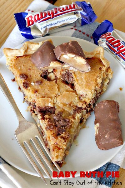 Baby Ruth Pie | Can't Stay Out of the Kitchen | this outrageously delicious #pie is made with #BabyRuthBars. It has all the #chocolate,#caramel & #peanut flavor you love in a #dessert. If you enjoy #BabyRuth candy bars, you'll go crazy over this amazing pie. #ValentinesDay #holiday #HolidayDessert #PeanutButterDessert #ChocolateDessert #CaramelDessert #BabyRuthPie