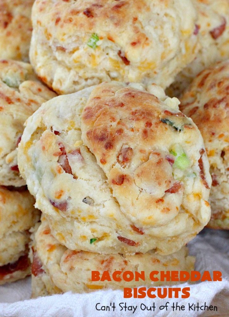 Bacon Cheddar Biscuits | Can't Stay Out of the Kitchen | absolutely the BEST #Biscuits ever! These are so mouthwatering you'll have a hard time not gorging yourself! Terrific for dinner or for a weekend or #holiday #breakfast. #Bacon #Chives #CheddarCheese #BaconCheddarBiscuits #BaconBiscuits #Pork #Easter #EasterSideDish #MothersDay #MothersDaySideDish #FathersDay #FathersDaySideDish