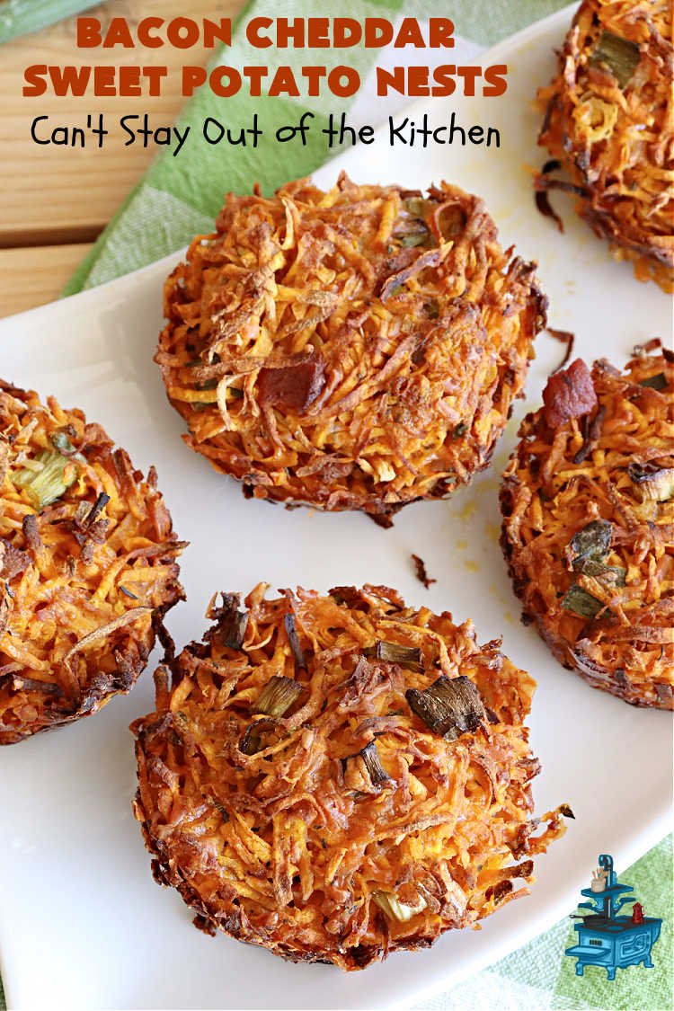 Bacon Cheddar Sweet Potato Nests | Can't Stay Out of the Kitchen | this is a fantastic #SideDish for #breakfast or dinner menus. These include #bacon, both #Cheddar & #ParmesanCheese & #GreenOnions. Marvelous for #Thanksgiving, #Christmas or #NewYearsDay breakfast. #pork #SweetPotatoes #BaconCheddarSweetPotatoNests
