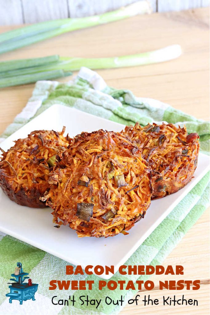 Bacon Cheddar Sweet Potato Nests | Can't Stay Out of the Kitchen | this is a fantastic #SideDish for #breakfast or dinner menus. These include #bacon, both #Cheddar & #ParmesanCheese & #GreenOnions. Marvelous for #Thanksgiving, #Christmas or #NewYearsDay breakfast. #pork #SweetPotatoes #BaconCheddarSweetPotatoNests