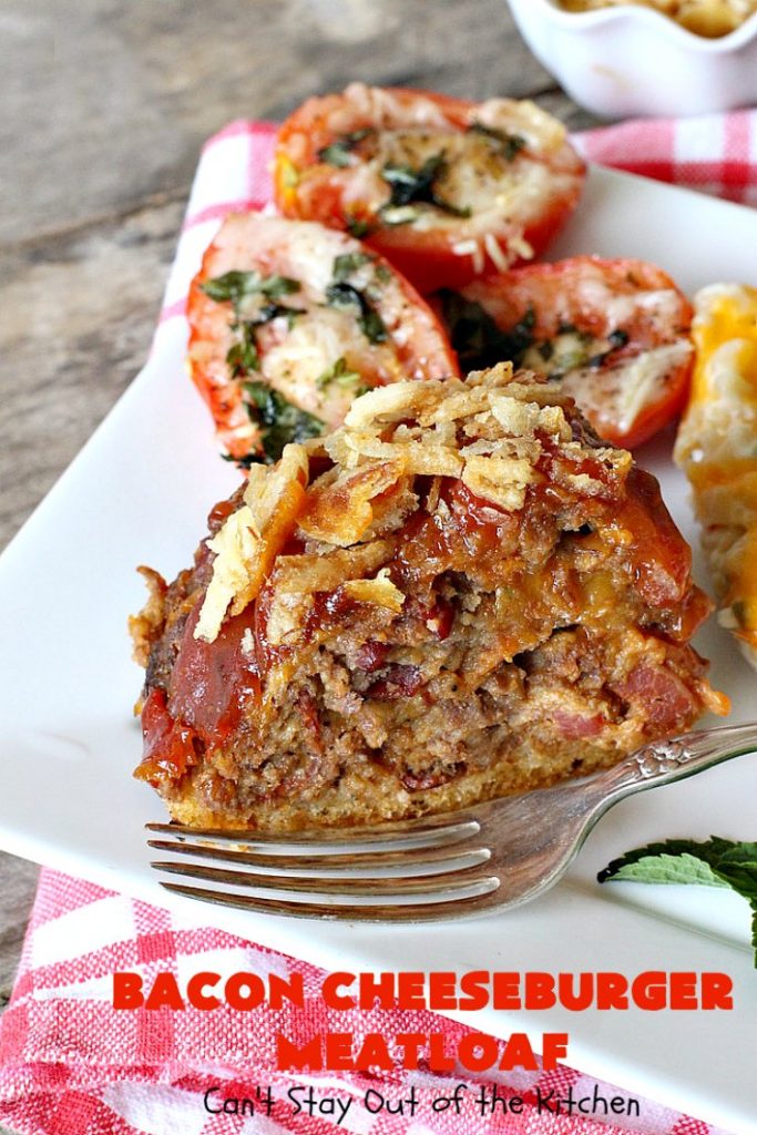 Bacon Cheeseburger Meatloaf | Can't Stay Out of the Kitchen | this awesome #PaulaDeen #meatloaf is incredible. It tastes like eating #bacon #cheeseburgers with #FrenchFriedOnions on top. Our company loved this meatloaf. #beef