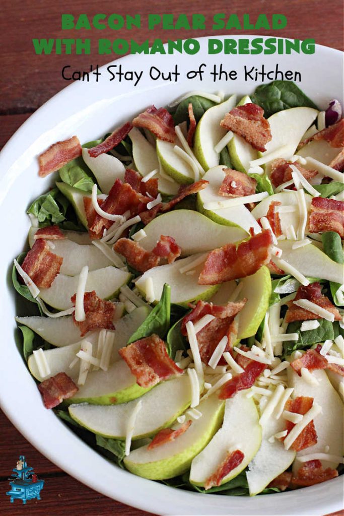 Bacon Pear Salad with Romano Dressing | Can't Stay Out of the Kitchen - this elegant & delicious #salad includes fresh #pears, #bacon & #PepperJackCheese. The #SaladDressing includes #HoneyMustard along with #RomanoCheese. This is a terrific #SideDish for company or #holiday dinners as regular family dinners. One bite and you'll want so much more! #GlutenFree #BaconPearSaladWithRomanoDressing