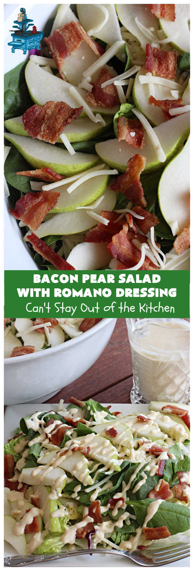 Bacon Pear Salad with Romano Dressing | Can't Stay Out of the Kitchen - this elegant & delicious #salad includes fresh #pears, #bacon & #PepperJackCheese. The #SaladDressing includes #HoneyMustard along with #RomanoCheese. This is a terrific #SideDish for company or #holiday dinners as regular family dinners. One bite and you'll want so much more! #GlutenFree #BaconPearSaladWithRomanoDressing
