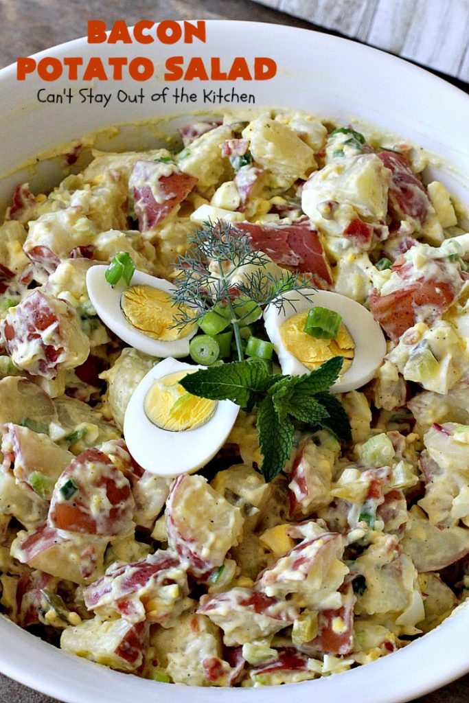 Bacon Potato Salad | Can't Stay Out of the Kitchen | you'll be salivating after the first bite of this amazing #potatosalad. #Bacon makes everything better! Perfect for summer #holidays like #FourthofJuly & #LaborDay. It's also great for potlucks & backyard #barbecues. #glutenfree #bacon #salad