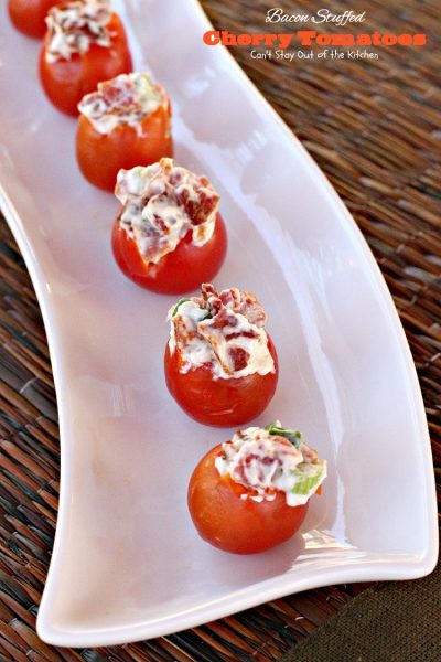 Bacon Stuffed Cherry Tomatoes | Can't Stay Out of the Kitchen | awesome #appetizer uses only 5 ingredients! Great for #SuperBowl or #tailgating parties. #glutenfree #cherrytomatoes #bacon