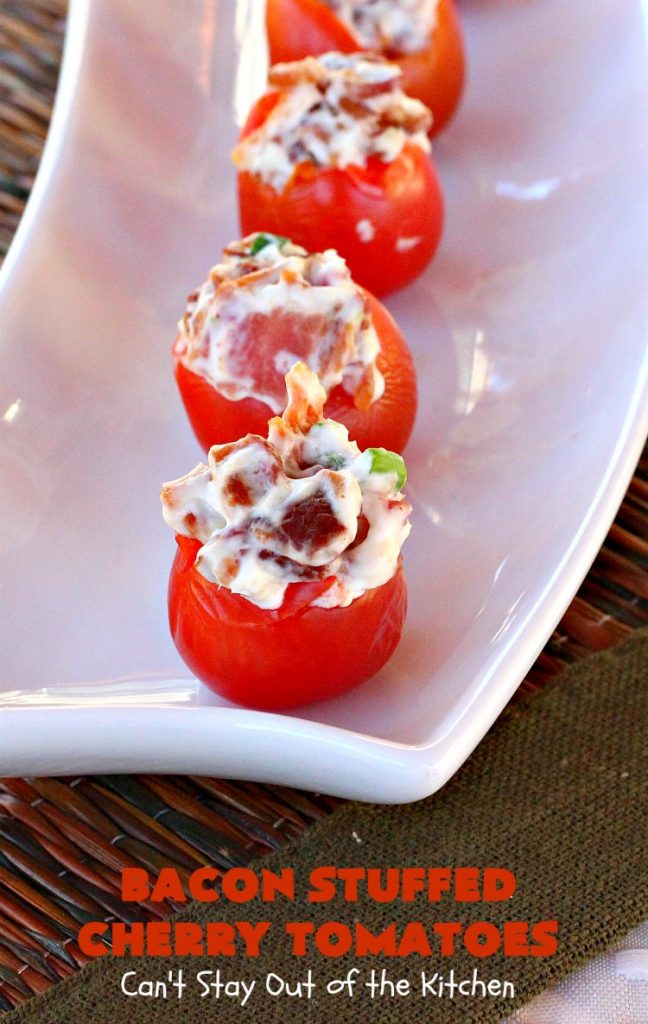 Bacon Stuffed Cherry Tomatoes | Can't Stay Out of the Kitchen | this 5-ingredient #appetizer is one of our favorites. Guests always rave over #tomatoes stuffed with #bacon! They're perfect for #tailgating parties, potlucks or the #SuperBowl. #pork #HolidayAppetizer #SuperBowlAppetizer #StuffedTomatoes #GlutenFree #GlutenFreeAppetizer #CherryTomatoes
