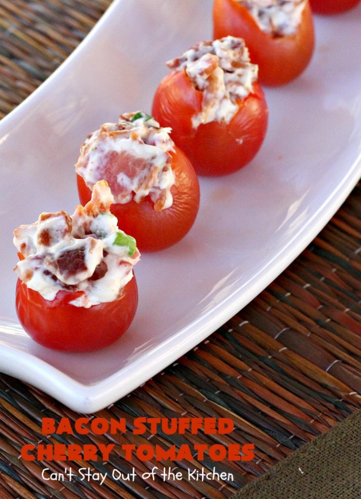 Bacon Stuffed Cherry Tomatoes | Can't Stay Out of the Kitchen | this 5-ingredient #appetizer is one of our favorites. Guests always rave over #tomatoes stuffed with #bacon! They're perfect for #tailgating parties, potlucks or the #SuperBowl. #pork #HolidayAppetizer #SuperBowlAppetizer #StuffedTomatoes #GlutenFree #GlutenFreeAppetizer #CherryTomatoes