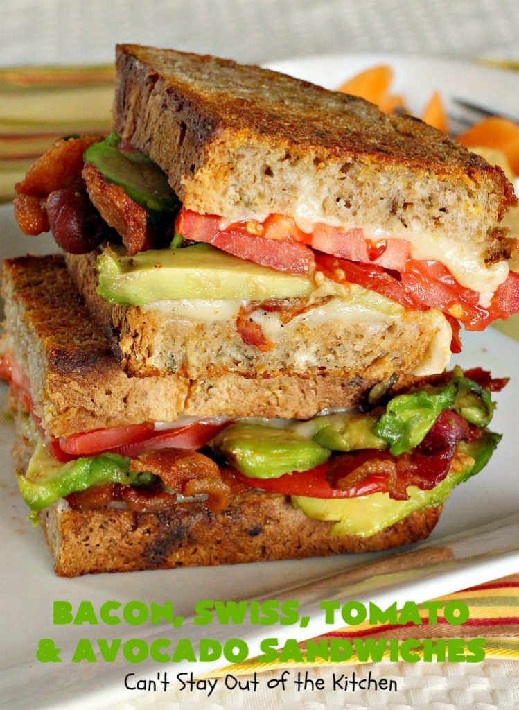 Bacon, Swiss, Tomato and Avocado Sandwiches | Can't Stay Out of the Kitchen | these monster-sized #sandwiches are hearty, filling & such satisfying comfort food. They're filled with #Bacon, #SwissCheese, #Avocados & #Tomatoes & grilled up to perfection. Great for #tailgating parties or weekend meals when you're short on time. #BaconSwissTomatoAndAvocadoSandwiches