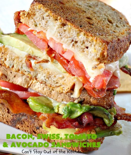 Bacon, Swiss, Tomato and Avocado Sandwiches | Can't Stay Out of the Kitchen | these monster-sized #sandwiches are hearty, filling & such satisfying comfort food. They're filled with #Bacon, #SwissCheese, #Avocados & #Tomatoes & grilled up to perfection. Great for #tailgating parties or weekend meals when you're short on time. #BaconSwissTomatoAndAvocadoSandwiches
