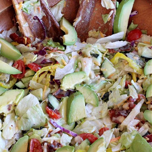 Bacon Tomato Avocado Salad | Can't Stay Out of the Kitchen | this fantastic #TossedSalad includes grape #tomatoes, #bacon #cucumber, #MildPepperRings & #avocados with a delicious #ColeSlawDressing. It's easy to make & perfect for summer fare especially #holidays, potlucks or company gatherings. #GlutenFree #BaconTomatoAvocadoSalad