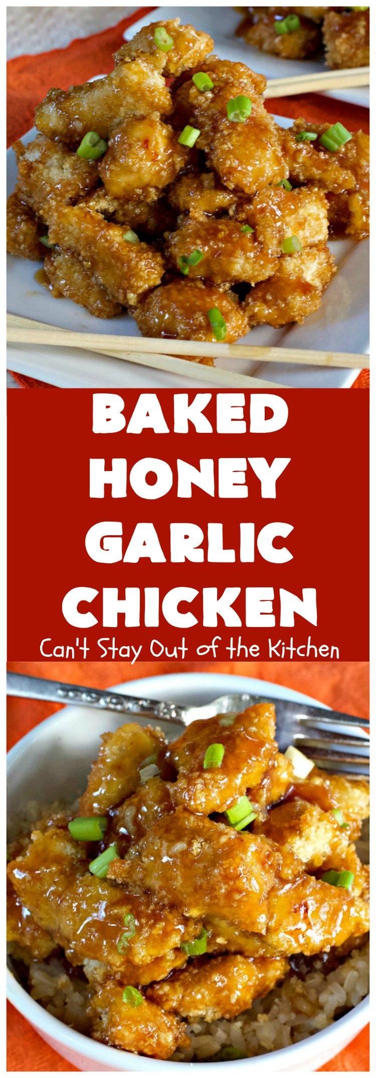 Baked Honey Garlic Chicken | Can't Stay Out of the Kitchen | this spicy #chicken #recipe is out of this world! The meat is breaded with #PankoBreadCrumbs and baked. The luscious sauce includes #honey, #Sriracha & soy sauce. The combination of flavors is dynamite. Makes a delicious weeknight dinner. I love how easy it is to make. #Asian #SesameSeeds #BakedHoneyGarlicChicken