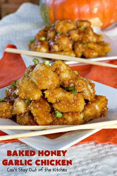 Baked Honey Garlic Chicken | Can't Stay Out of the Kitchen | this spicy #chicken #recipe is out of this world! The meat is breaded with #PankoBreadCrumbs and baked. The luscious sauce includes #honey, #Sriracha & soy sauce. The combination of flavors is dynamite. Makes a delicious weeknight dinner. I love how easy it is to make. #Asian #SesameSeeds #BakedHoneyGarlicChicken
