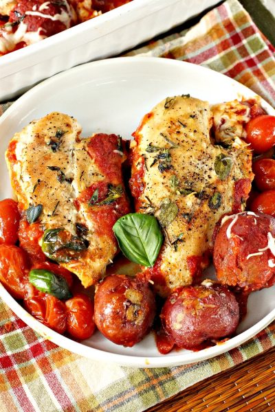 Baked Italian Chicken and Potatoes with Herb Vinaigrette | Can't Stay Out of the Kitchen | fantastic #chicken entree with #Italian flavors. #glutenfree #cleaneating #potatoes #tomatoes