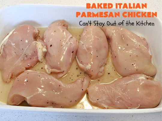 Baked Italian Parmesan Chicken | Can't Stay Out of the Kitchen | this easy 3-ingredient #chicken #recipe is a winner. So easy to toss together making it perfect for weeknight dinners when you're short on time. Great for company or #holiday dinners too. #healthy #GlutenFree #3IngredientRecipe #Italian #ParmesanCheese #BakedChicken #BakedItalianParmesanChicken