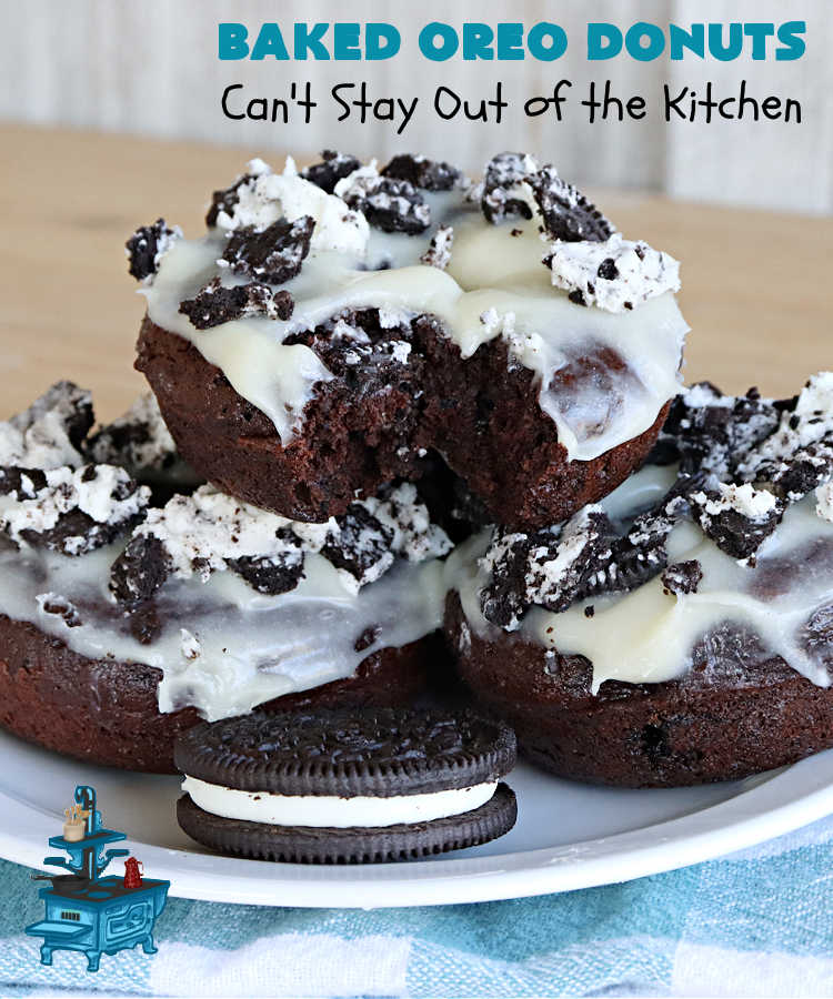 Baked Oreo Donuts | Can't Stay Out of the Kitchen | these fantastic homemade #donuts are absolutely irresistible. They're filled with #OreoCookies & #chocolate extract. The donuts are glazed with a #CreamCheese icing plus more #OreoCookieCrumbs. Perfect for a #holiday #breakfast or #brunch like #Thanksgiving, #Christmas or #NewYearsDay. #HolidayBreakfast #BakedOreoDonutsBaked Oreo Donuts | Can't Stay Out of the Kitchen | these fantastic homemade #donuts are absolutely irresistible. They're filled with #OreoCookies & #chocolate extract. The donuts are glazed with a #CreamCheese icing plus more #OreoCookieCrumbs. Perfect for a #holiday #breakfast or #brunch like #Thanksgiving, #Christmas or #NewYearsDay. #HolidayBreakfast #BakedOreoDonuts