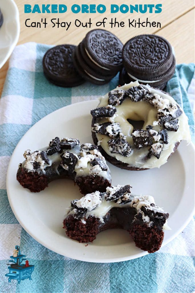 Baked Oreo Donuts | Can't Stay Out of the Kitchen | these fantastic homemade #donuts are absolutely irresistible. They're filled with #OreoCookies & #chocolate extract. The donuts are glazed with a #CreamCheese icing plus more #OreoCookieCrumbs. Perfect for a #holiday #breakfast or #brunch like #Thanksgiving, #Christmas or #NewYearsDay. #HolidayBreakfast #BakedOreoDonuts