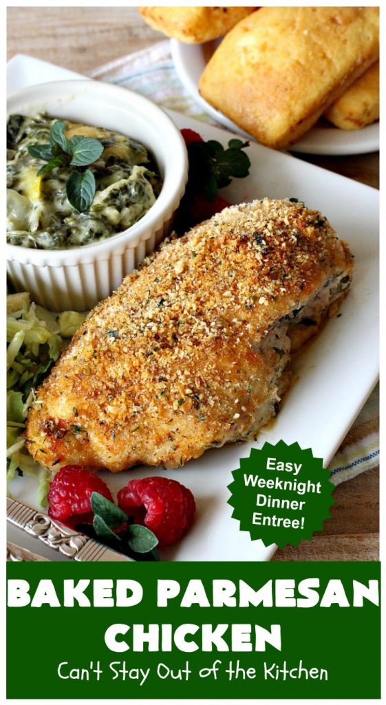 Baked Parmesan Chicken | Can't Stay Out of the Kitchen | this easy & delicious #chicken entree can be oven ready in about 5 minutes! It's perfect for weeknight or company dinners. #ParmesanCheese #BakedParmesanChicken