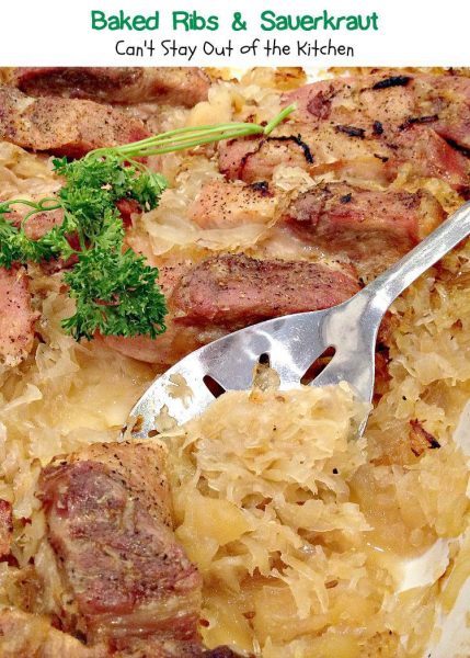 Baked Ribs and Sauerkraut | Can't Stay Out of the Kitchen | this wonderful #casserole uses #apples and brown sugar to enhance the #sauerkraut. It has a marvelous combination of flavors. #glutenfree #ribs #pork