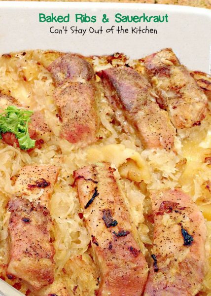 Baked Ribs and Sauerkraut | Can't Stay Out of the Kitchen | this wonderful #casserole uses #apples and brown sugar to enhance the #sauerkraut. It has a marvelous combination of flavors. #glutenfree #ribs #pork