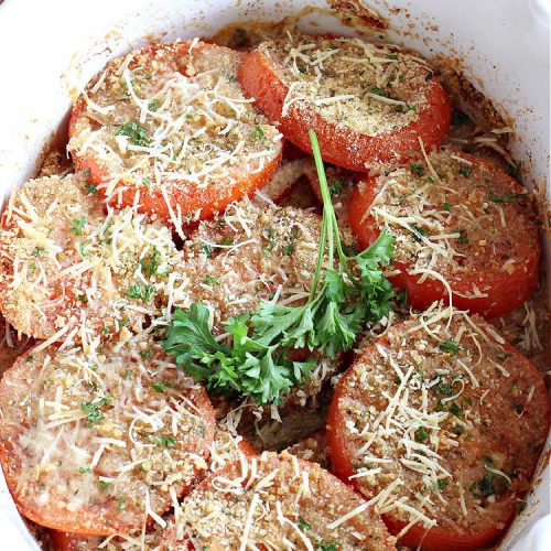 Baked Tomatoes Romano | Can't Stay Out of the Kitchen | this fantastic #SideDish is so mouthwatering and wonderful for company or #holiday meals. It's made with #breadcrumbs to give it a little body, and has #garlic, #RomanoCheese, fresh #parsley, #oregano & olive oil to add flavor and depth. It layers easily and can be whipped up in no time. This #casserole pairs delightfully with any entree. #tomatoes #Italian #BakedTomatoes #BakedTomatoesRomano