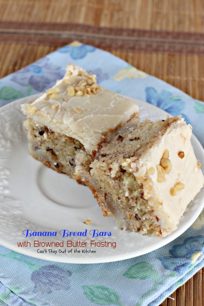 Banana Bread Bars with Browned Butter Frosting | Can't Stay Out of the Kitchen | these delicious #brownies are great for summer #holiday fun. The browned butter frosting is amazing. #bananas #dessert #cookie