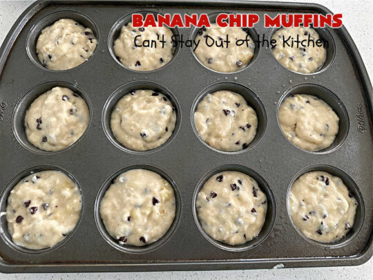 Banana Chip Muffins | Can't Stay Out of the Kitchen | These fabulous #muffins include #bananas, #applesauce & #ChocolateChips. Every bite is so scrumptious you won't be able to stay out of them. Perfect for a company, #holiday or weekday #breakfast or #brunch. #chocolate #BananaChipMuffins