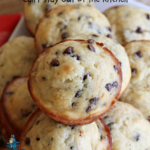 Banana Chip Muffins | Can't Stay Out of the Kitchen | These fabulous #muffins include #bananas, #applesauce & #ChocolateChips. Every bite is so scrumptious you won't be able to stay out of them. Perfect for a company, #holiday or weekday #breakfast or #brunch. #chocolate #BananaChipMuffins