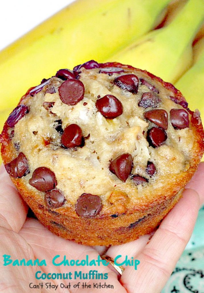 Banana Chocolate Chip Coconut Muffins | Can't Stay Out of the Kitchen | We adored these delectable #muffins filled with #bananas, #coconut #chocolatechips, #walnuts & almond flavoring. Great choice for a #holiday #breakfast.