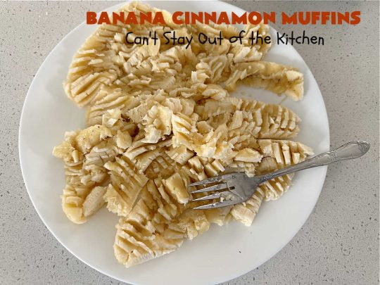 Banana Cinnamon Muffins | Can't Stay Out of the Kitchen | #Cinnamon flavor explodes in these lovely #muffins due to the addition of #CinnamonChips in the batter. They're sure to cure any sweet tooth craving although you may want seconds! #Applesauce & #bananas keep these #breakfast #muffins moist. Great choice for a weekday, company or #holiday #breakfast or #brunch. #BananaCinnamonMuffins