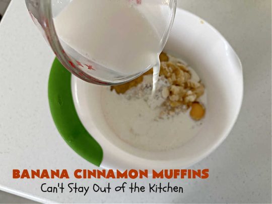 Banana Cinnamon Muffins | Can't Stay Out of the Kitchen | #Cinnamon flavor explodes in these lovely #muffins due to the addition of #CinnamonChips in the batter. They're sure to cure any sweet tooth craving although you may want seconds! #Applesauce & #bananas keep these #breakfast #muffins moist. Great choice for a weekday, company or #holiday #breakfast or #brunch. #BananaCinnamonMuffins