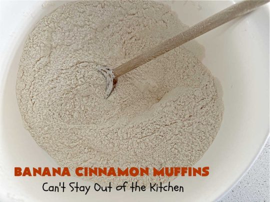 Banana Cinnamon Muffins | Can't Stay Out of the Kitchen | #Cinnamon flavor explodes in these lovely #muffins due to the addition of #CinnamonChips in the batter. They're sure to cure any sweet tooth craving although you may want seconds! #Applesauce & #bananas keep these #breakfast #muffins moist. Great choice for a weekday, company or #holiday #breakfast or #brunch. #BananaCinnamonMuffins